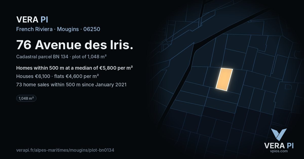 76 Avenue des Iris, Mougins at night – the plot lit, the parcels around coloured by the prices near them