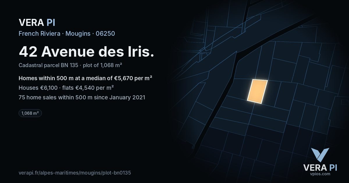 42 Avenue des Iris, Mougins at night – the plot lit, the parcels around coloured by the prices near them