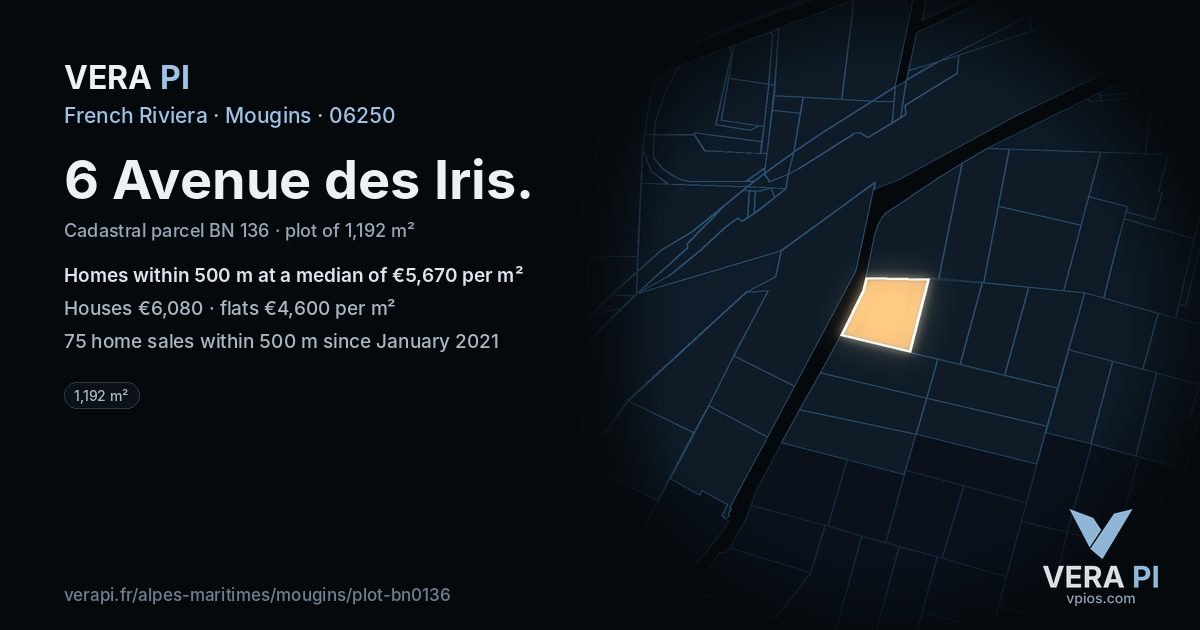 6 Avenue des Iris, Mougins at night – the plot lit, the parcels around coloured by the prices near them