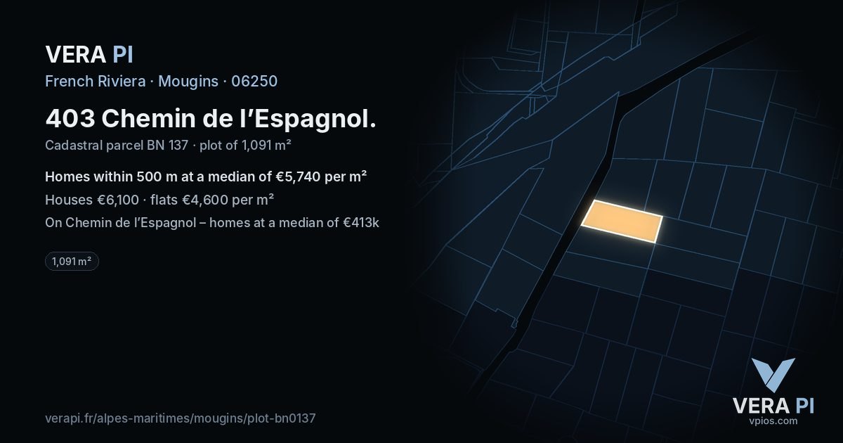 403 Chemin de l’Espagnol, Mougins at night – the plot lit, the parcels around coloured by the prices near them