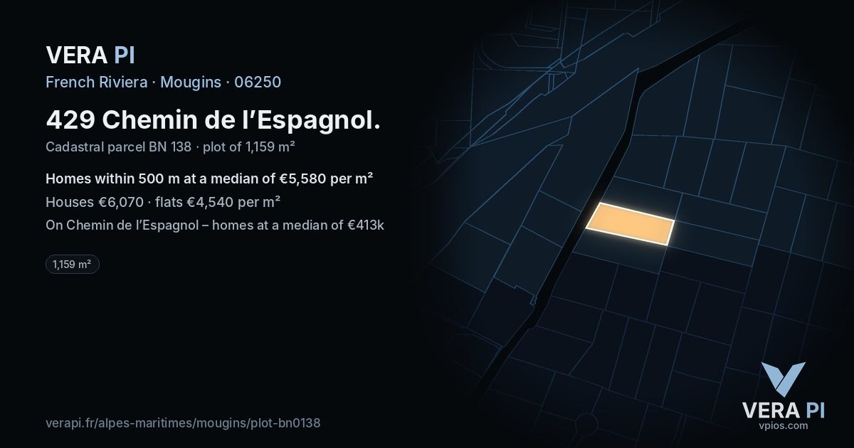 429 Chemin de l’Espagnol, Mougins at night – the plot lit, the parcels around coloured by the prices near them