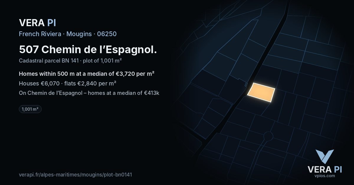 507 Chemin de l’Espagnol, Mougins at night – the plot lit, the parcels around coloured by the prices near them