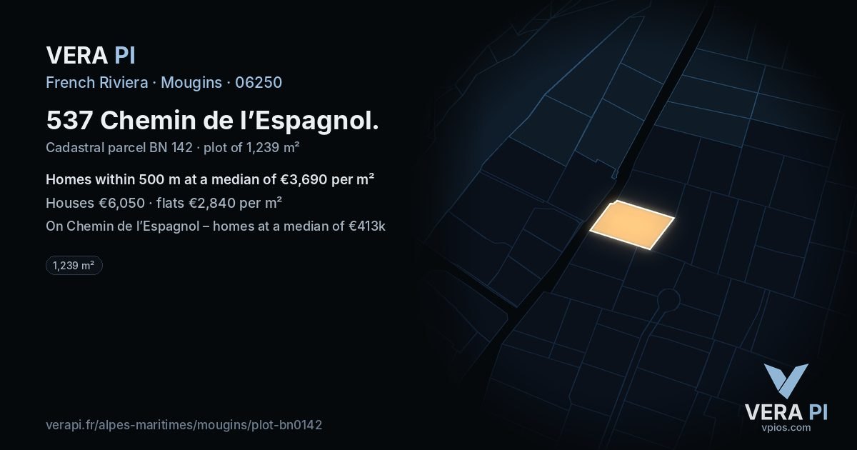 537 Chemin de l’Espagnol, Mougins at night – the plot lit, the parcels around coloured by the prices near them
