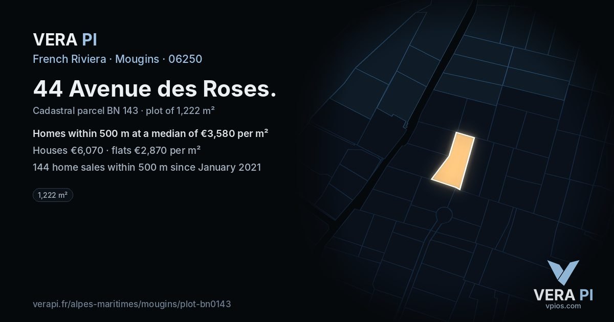 44 Avenue des Roses, Mougins at night – the plot lit, the parcels around coloured by the prices near them