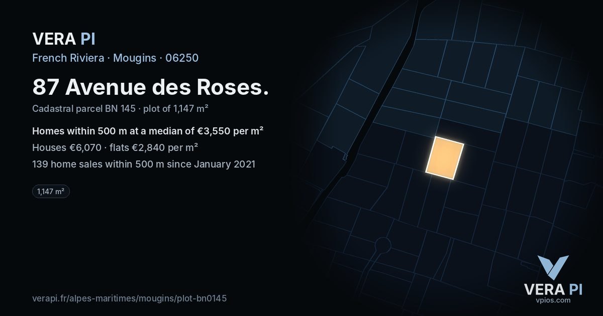 87 Avenue des Roses, Mougins at night – the plot lit, the parcels around coloured by the prices near them
