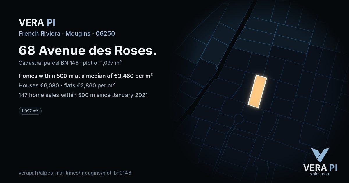 68 Avenue des Roses, Mougins at night – the plot lit, the parcels around coloured by the prices near them