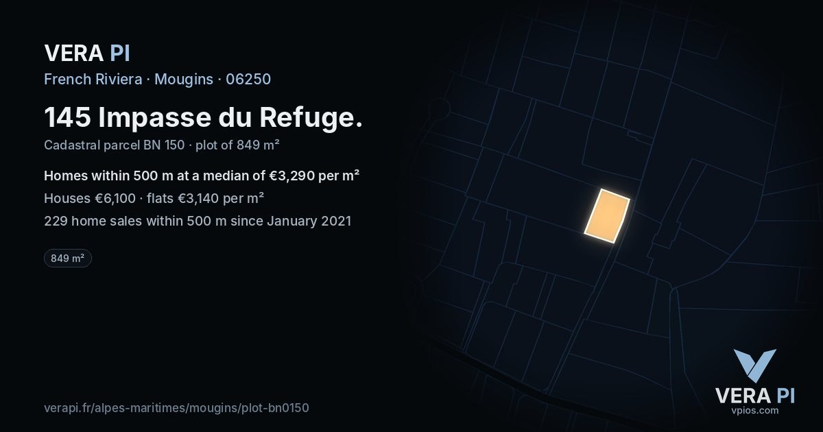 145 Impasse du Refuge, Mougins at night – the plot lit, the parcels around coloured by the prices near them