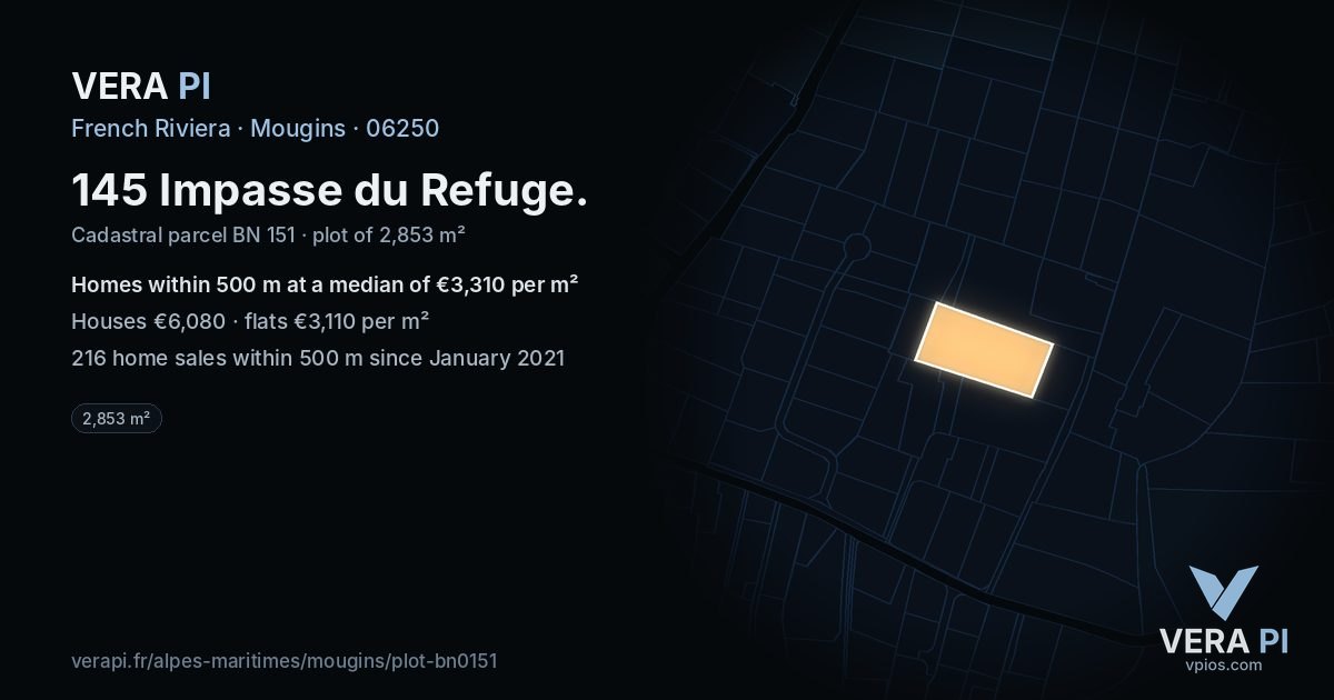 145 Impasse du Refuge, Mougins at night – the plot lit, the parcels around coloured by the prices near them