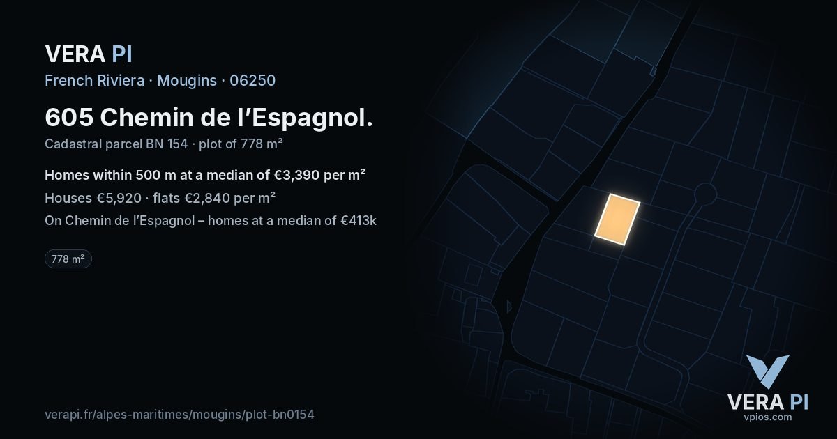 605 Chemin de l’Espagnol, Mougins at night – the plot lit, the parcels around coloured by the prices near them