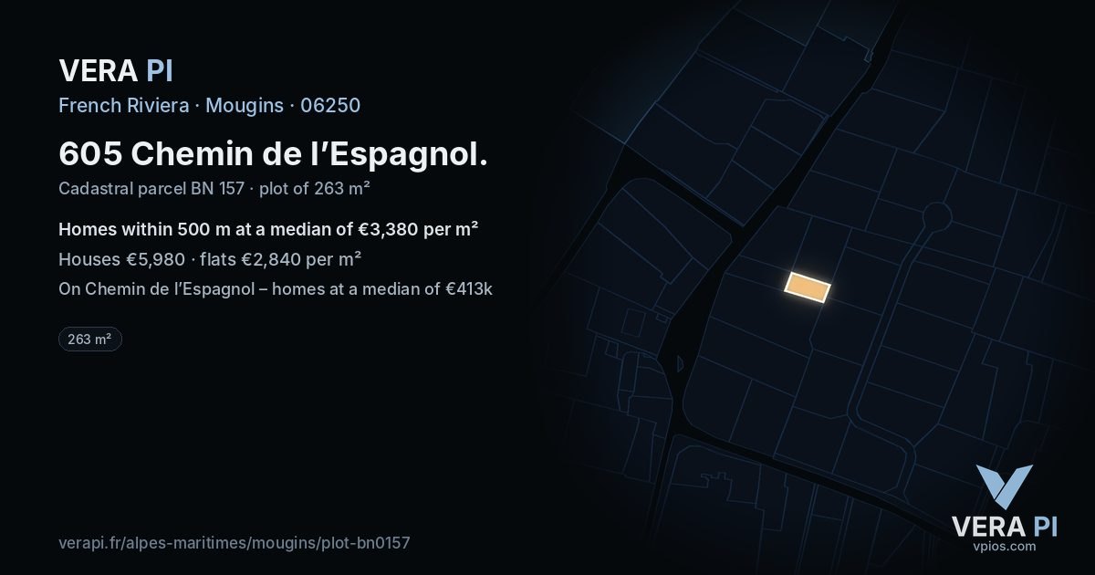 605 Chemin de l’Espagnol, Mougins at night – the plot lit, the parcels around coloured by the prices near them