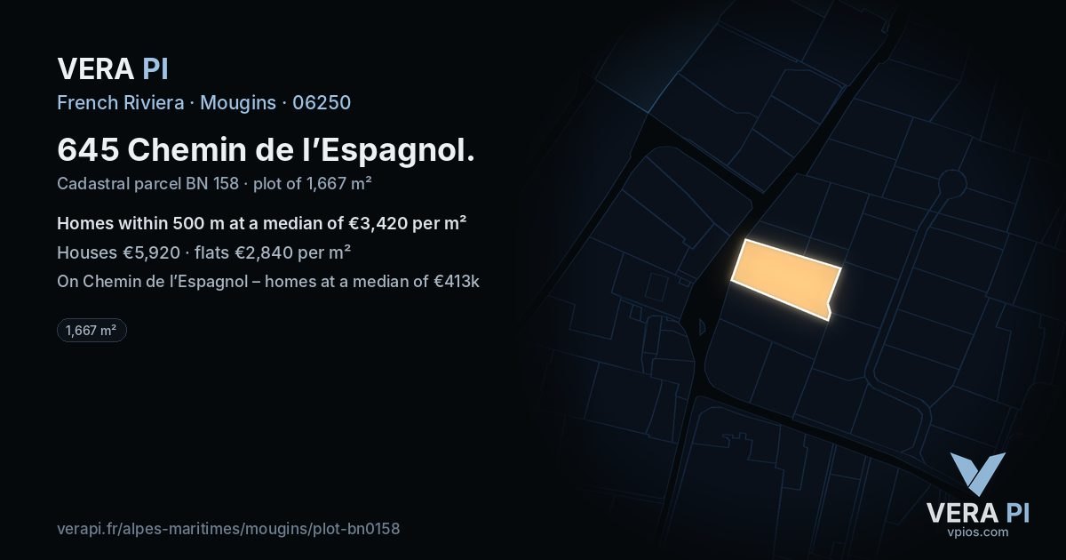 645 Chemin de l’Espagnol, Mougins at night – the plot lit, the parcels around coloured by the prices near them