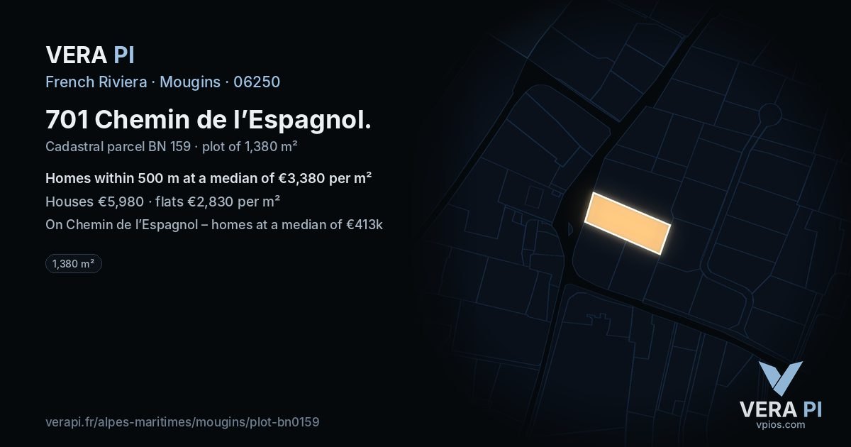 701 Chemin de l’Espagnol, Mougins at night – the plot lit, the parcels around coloured by the prices near them