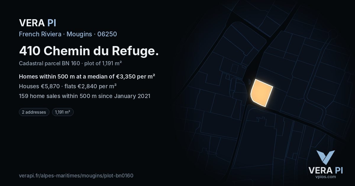 410 Chemin du Refuge, Mougins at night – the plot lit, the parcels around coloured by the prices near them
