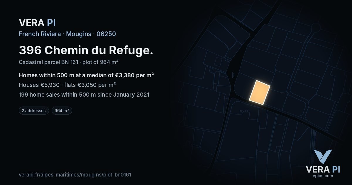 396 Chemin du Refuge, Mougins at night – the plot lit, the parcels around coloured by the prices near them