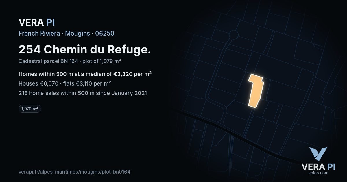 254 Chemin du Refuge, Mougins at night – the plot lit, the parcels around coloured by the prices near them