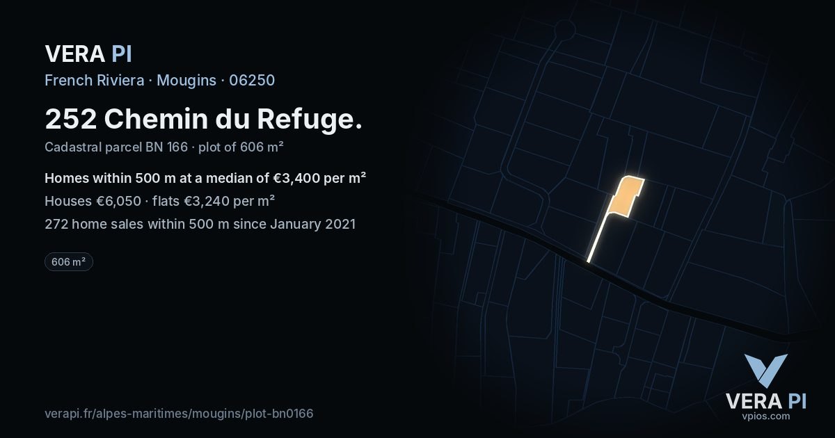 252 Chemin du Refuge, Mougins at night – the plot lit, the parcels around coloured by the prices near them