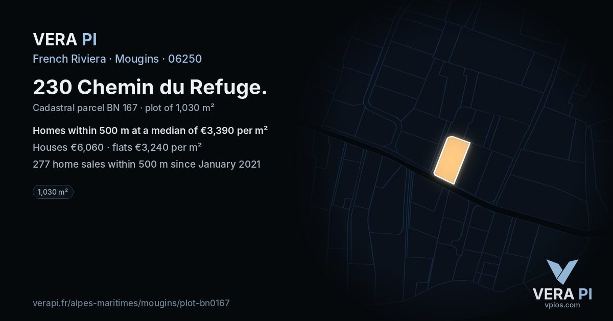 230 Chemin du Refuge, Mougins at night – the plot lit, the parcels around coloured by the prices near them