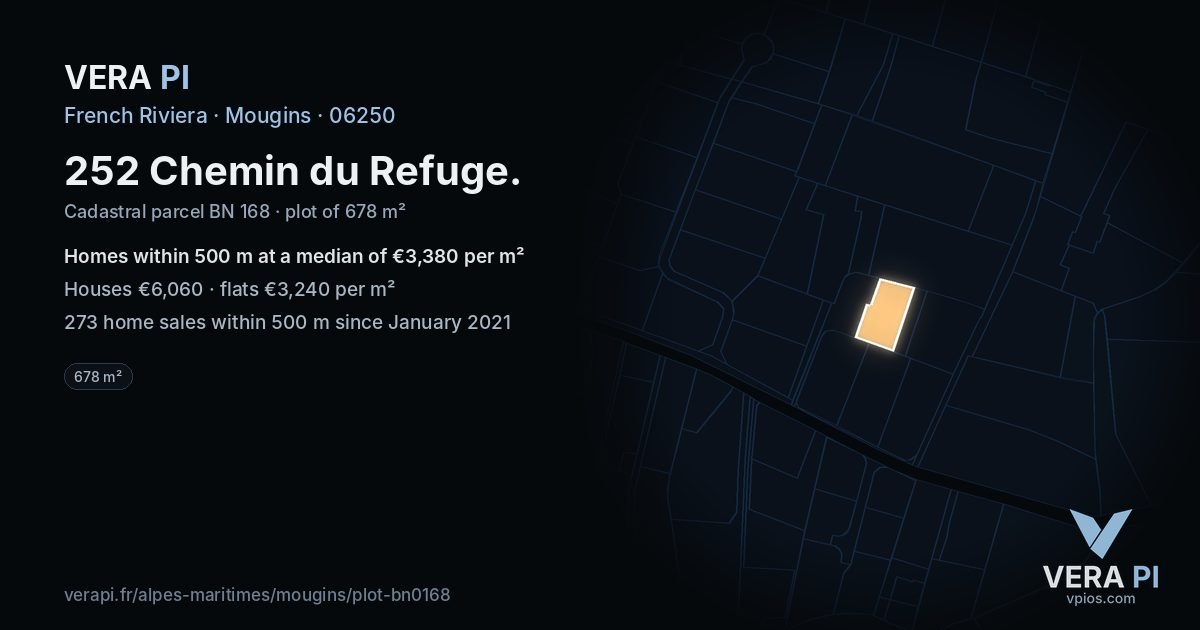 252 Chemin du Refuge, Mougins at night – the plot lit, the parcels around coloured by the prices near them