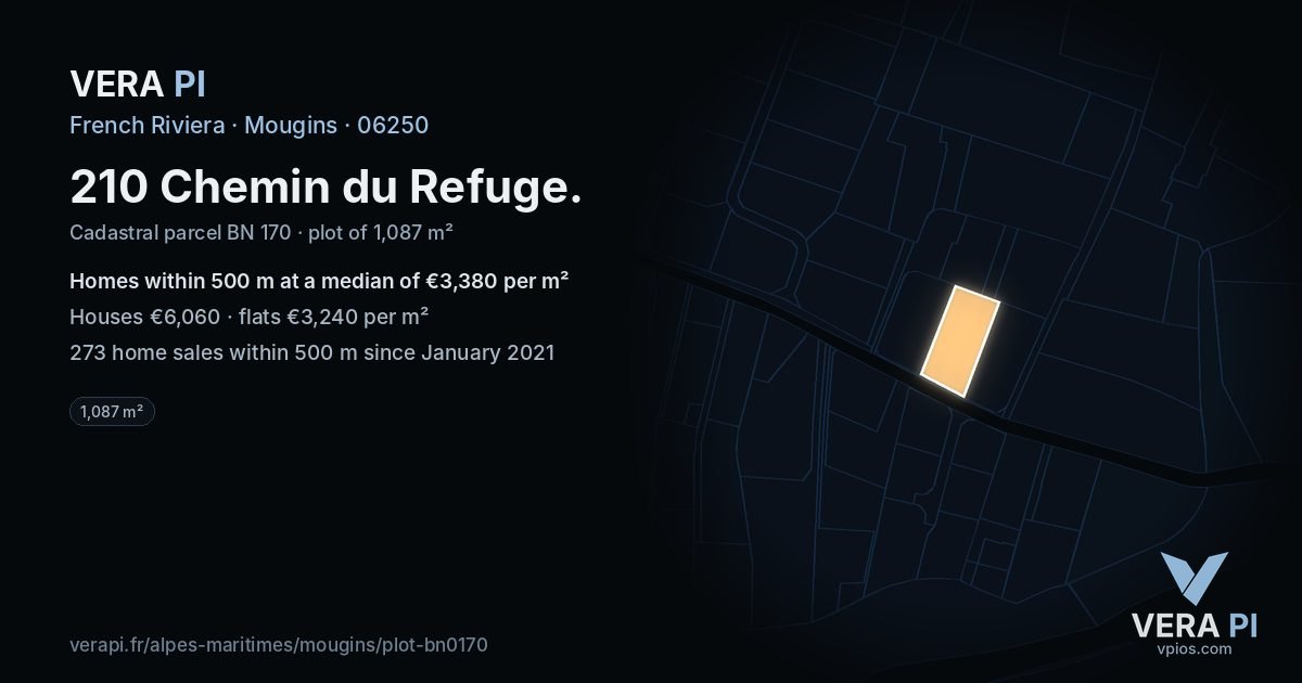 210 Chemin du Refuge, Mougins at night – the plot lit, the parcels around coloured by the prices near them