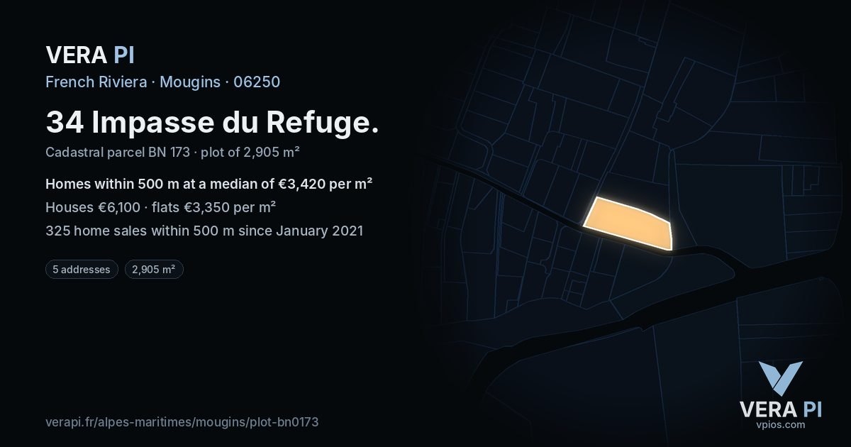 34 Impasse du Refuge, Mougins at night – the plot lit, the parcels around coloured by the prices near them