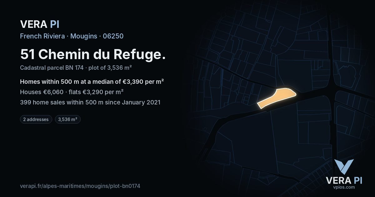 51 Chemin du Refuge, Mougins at night – the plot lit, the parcels around coloured by the prices near them