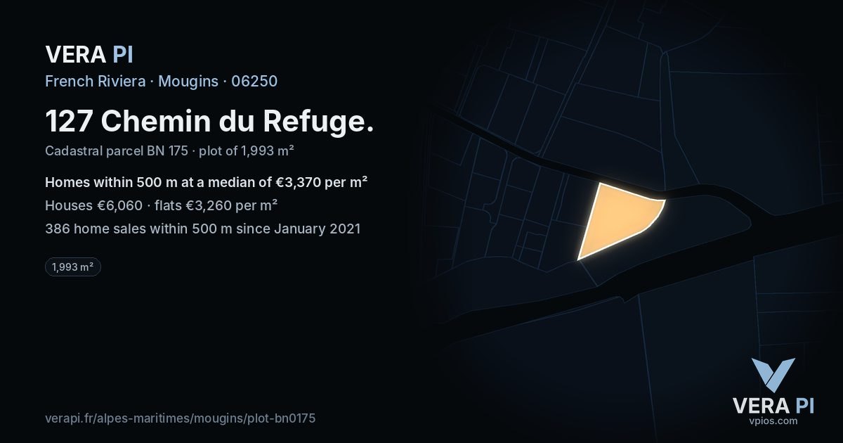 127 Chemin du Refuge, Mougins at night – the plot lit, the parcels around coloured by the prices near them