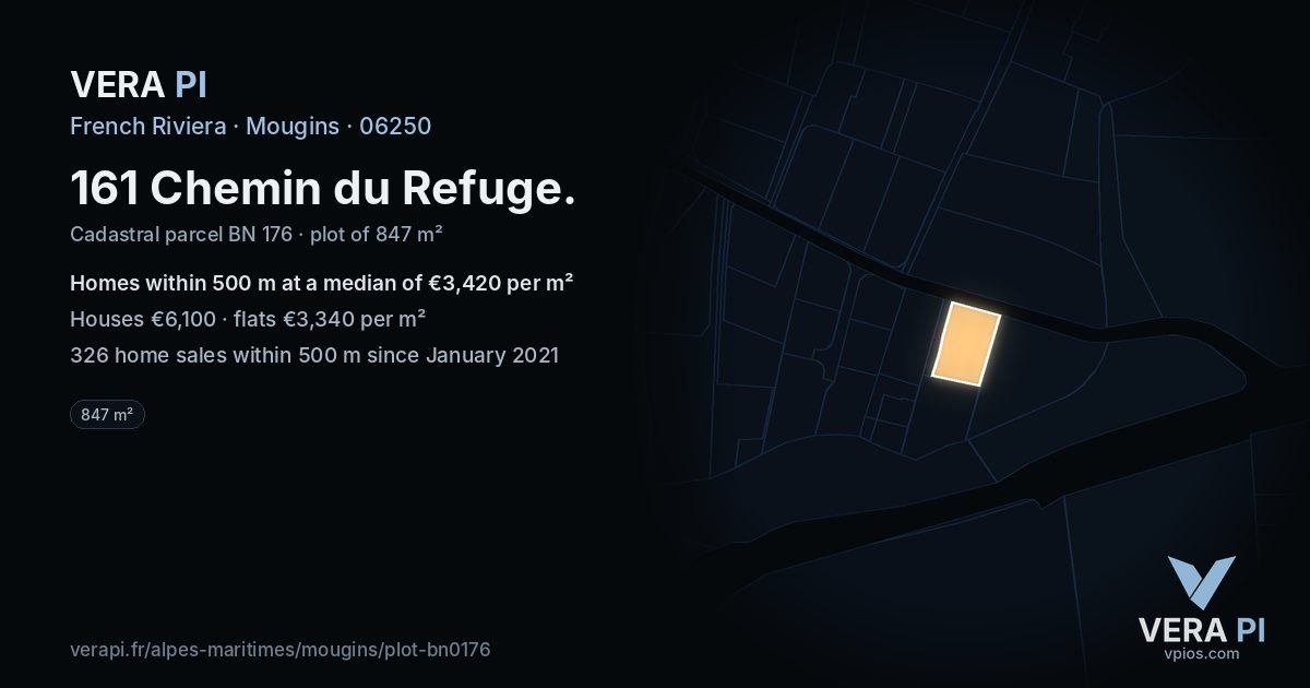 161 Chemin du Refuge, Mougins at night – the plot lit, the parcels around coloured by the prices near them