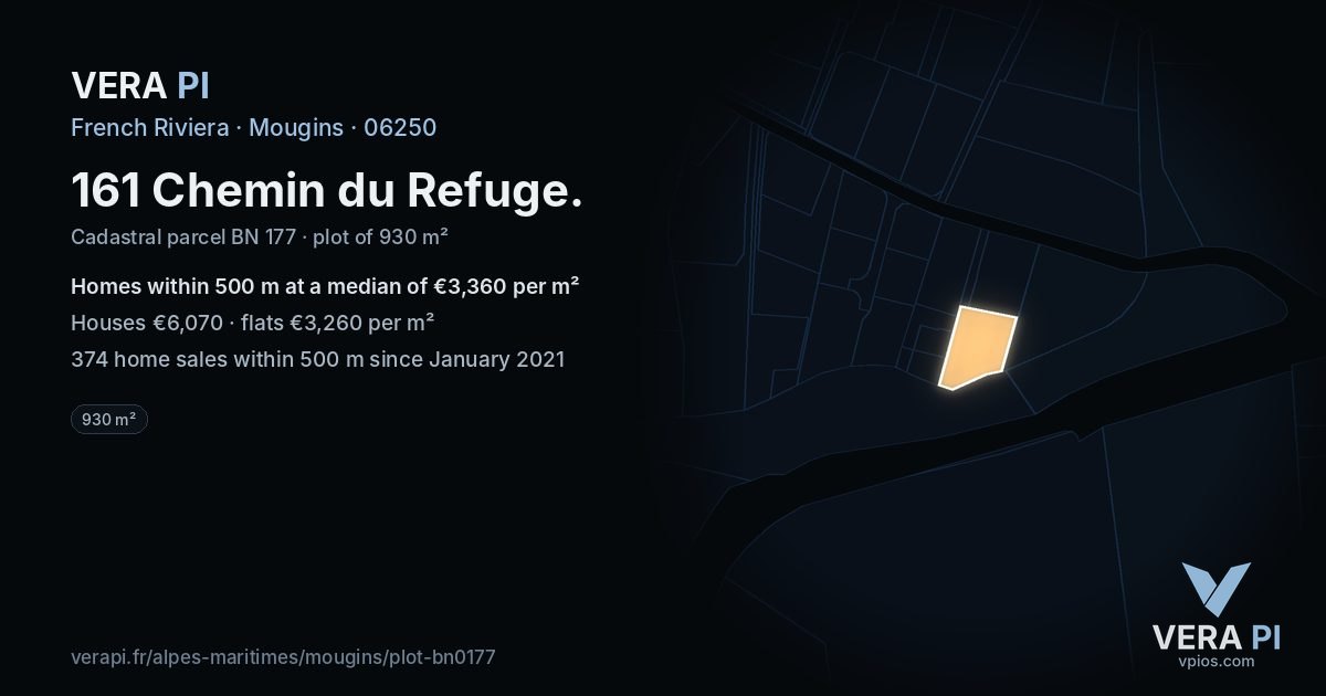 161 Chemin du Refuge, Mougins at night – the plot lit, the parcels around coloured by the prices near them