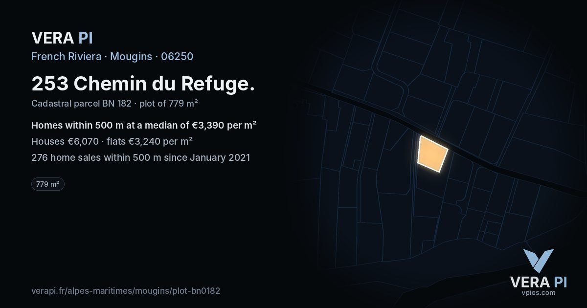253 Chemin du Refuge, Mougins at night – the plot lit, the parcels around coloured by the prices near them