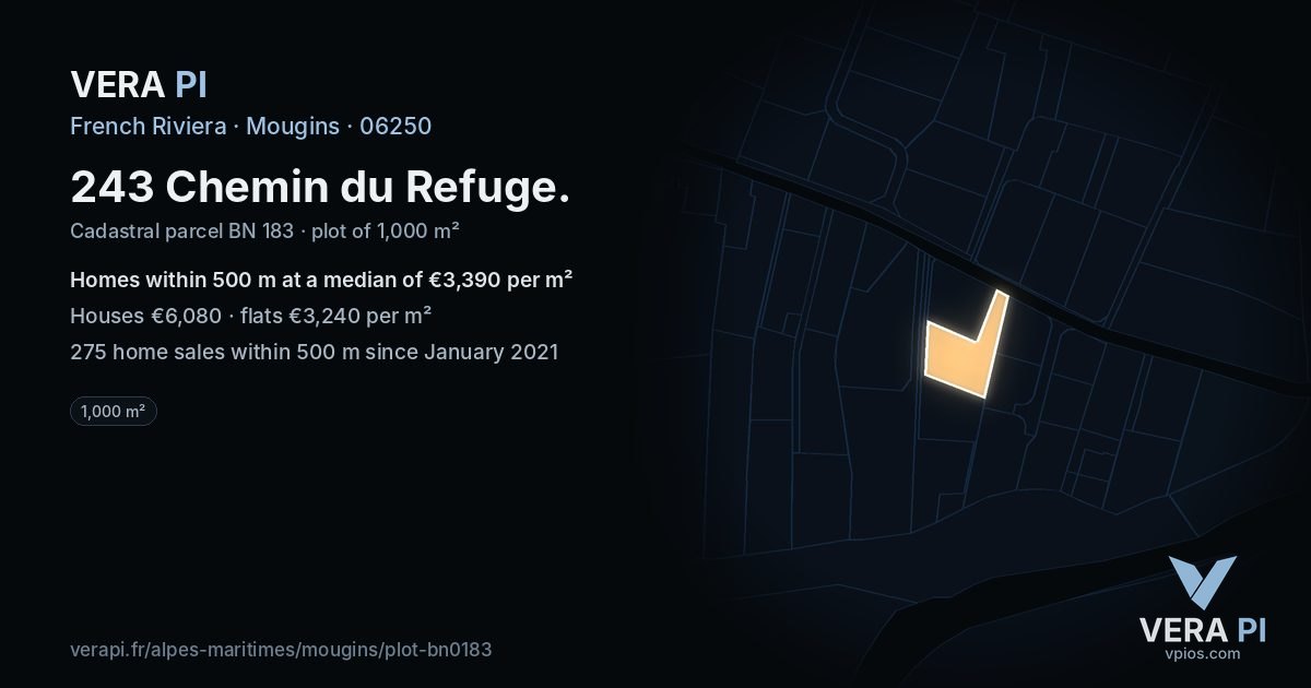 243 Chemin du Refuge, Mougins at night – the plot lit, the parcels around coloured by the prices near them