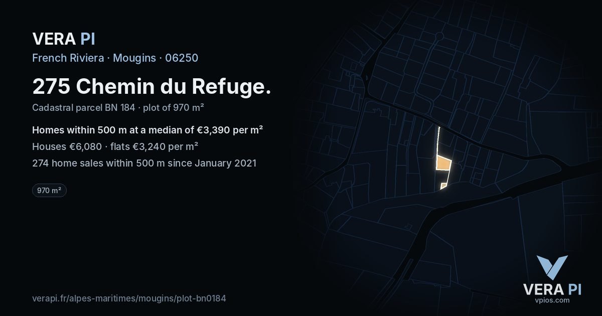 275 Chemin du Refuge, Mougins at night – the plot lit, the parcels around coloured by the prices near them