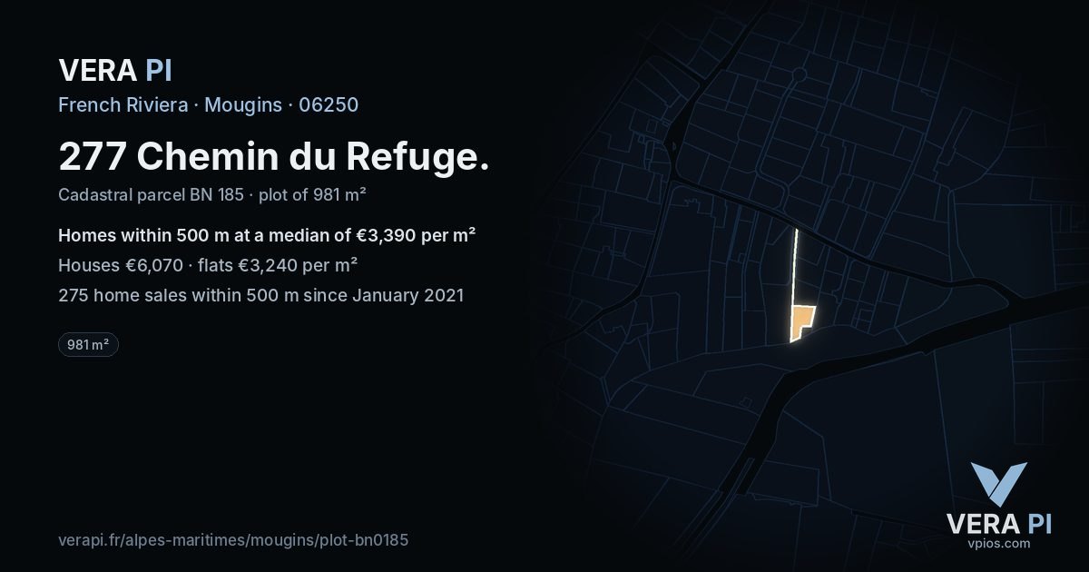 277 Chemin du Refuge, Mougins at night – the plot lit, the parcels around coloured by the prices near them