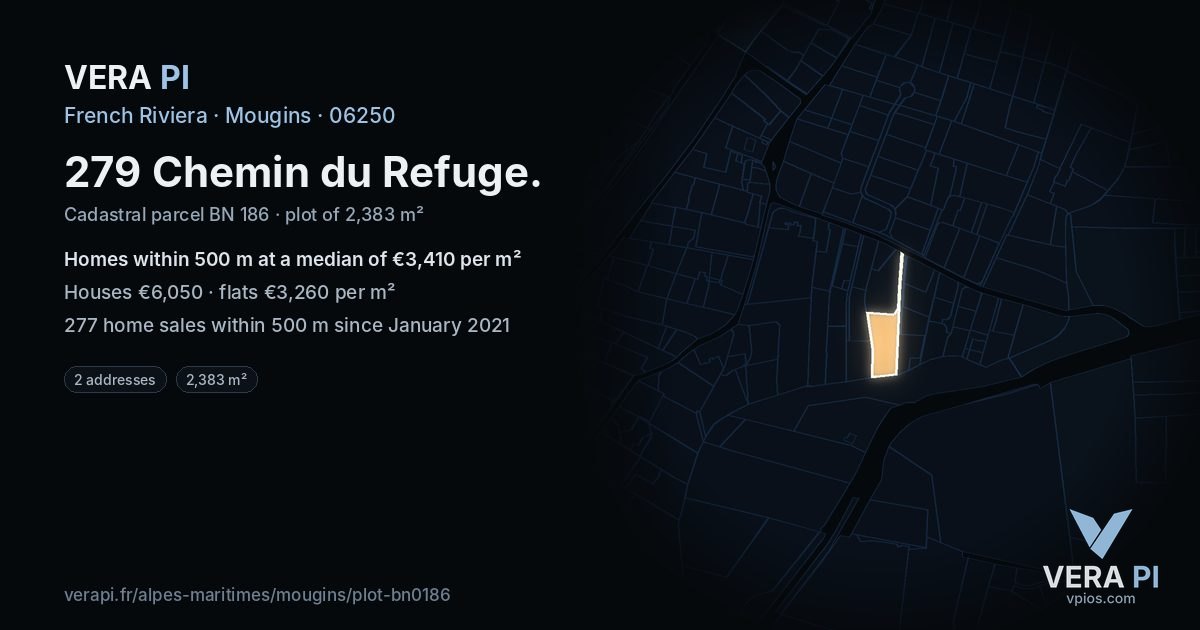279 Chemin du Refuge, Mougins at night – the plot lit, the parcels around coloured by the prices near them