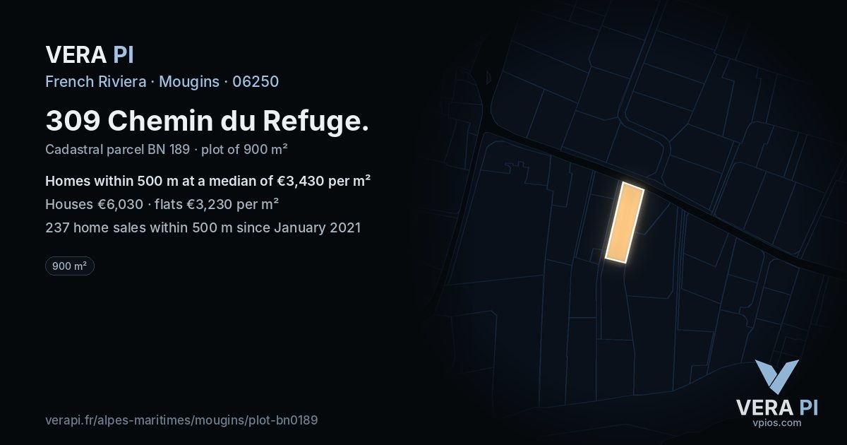 309 Chemin du Refuge, Mougins at night – the plot lit, the parcels around coloured by the prices near them
