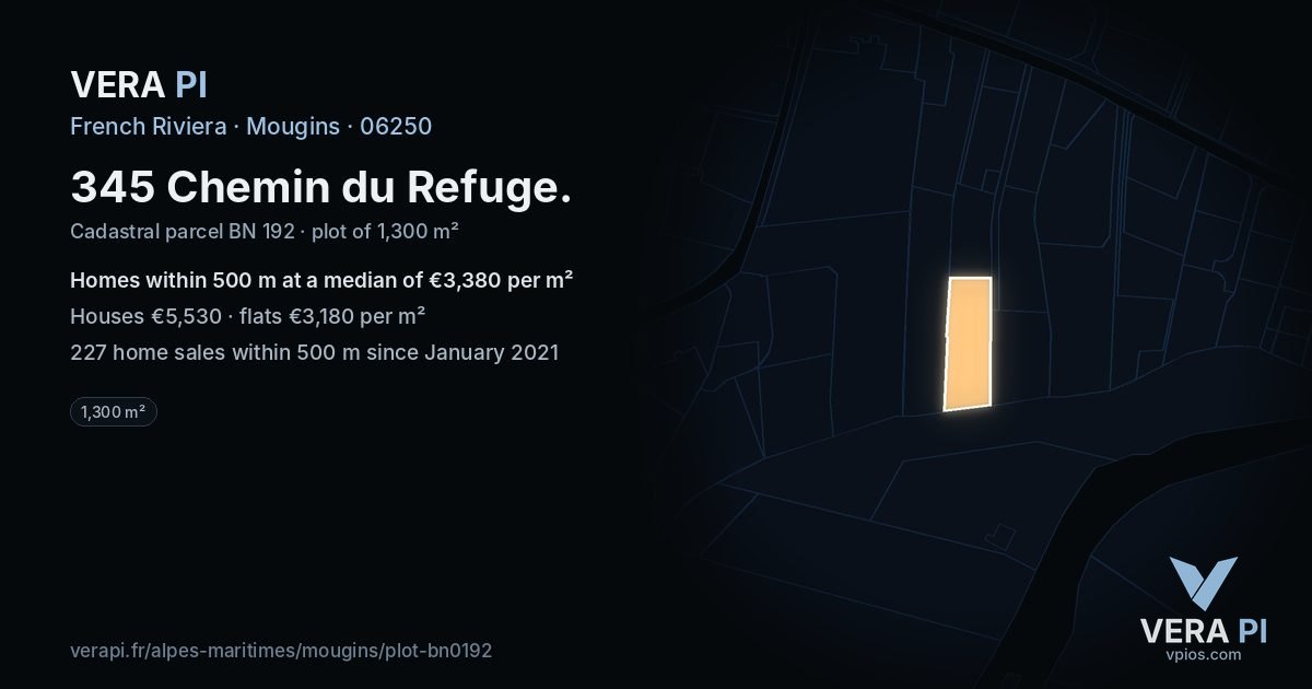 345 Chemin du Refuge, Mougins at night – the plot lit, the parcels around coloured by the prices near them