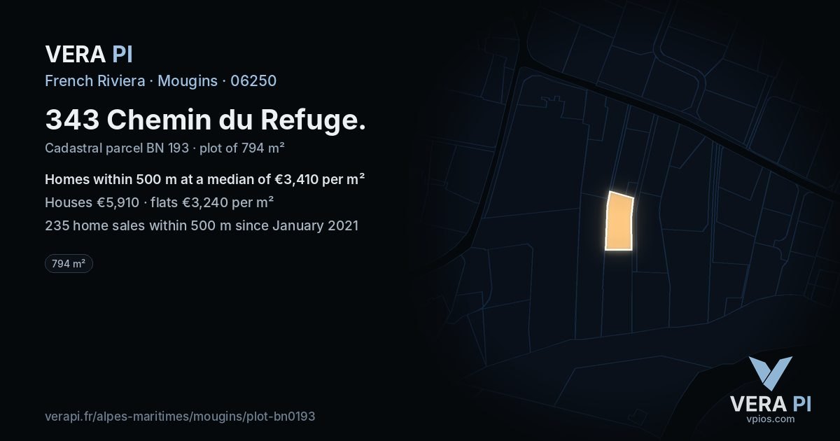343 Chemin du Refuge, Mougins at night – the plot lit, the parcels around coloured by the prices near them