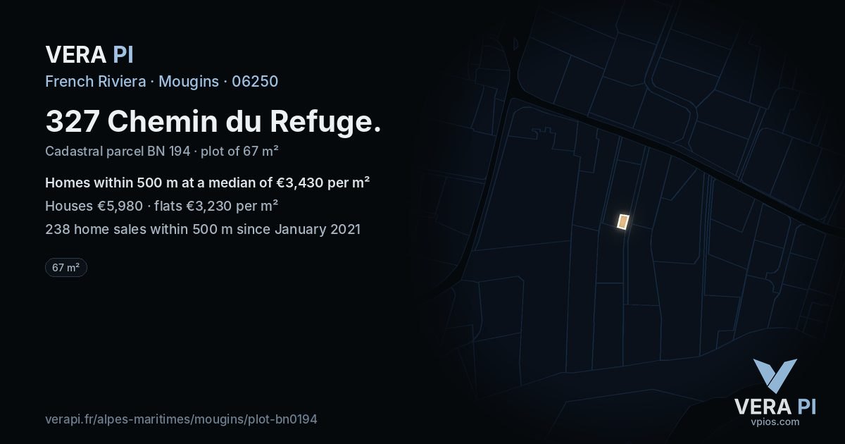 327 Chemin du Refuge, Mougins at night – the plot lit, the parcels around coloured by the prices near them