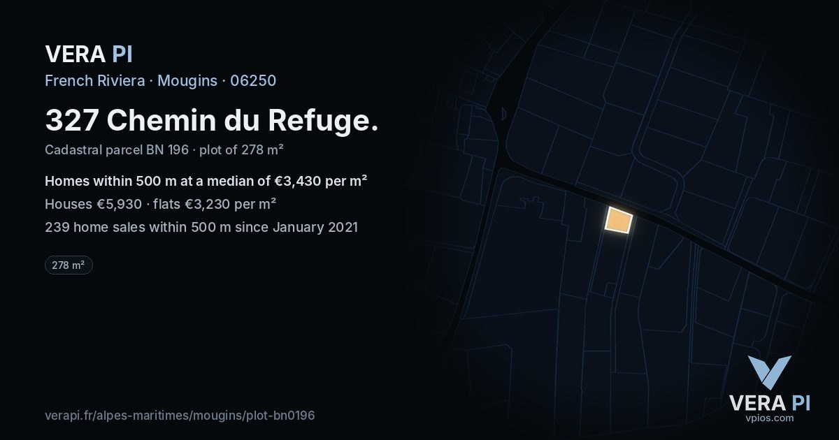 327 Chemin du Refuge, Mougins at night – the plot lit, the parcels around coloured by the prices near them