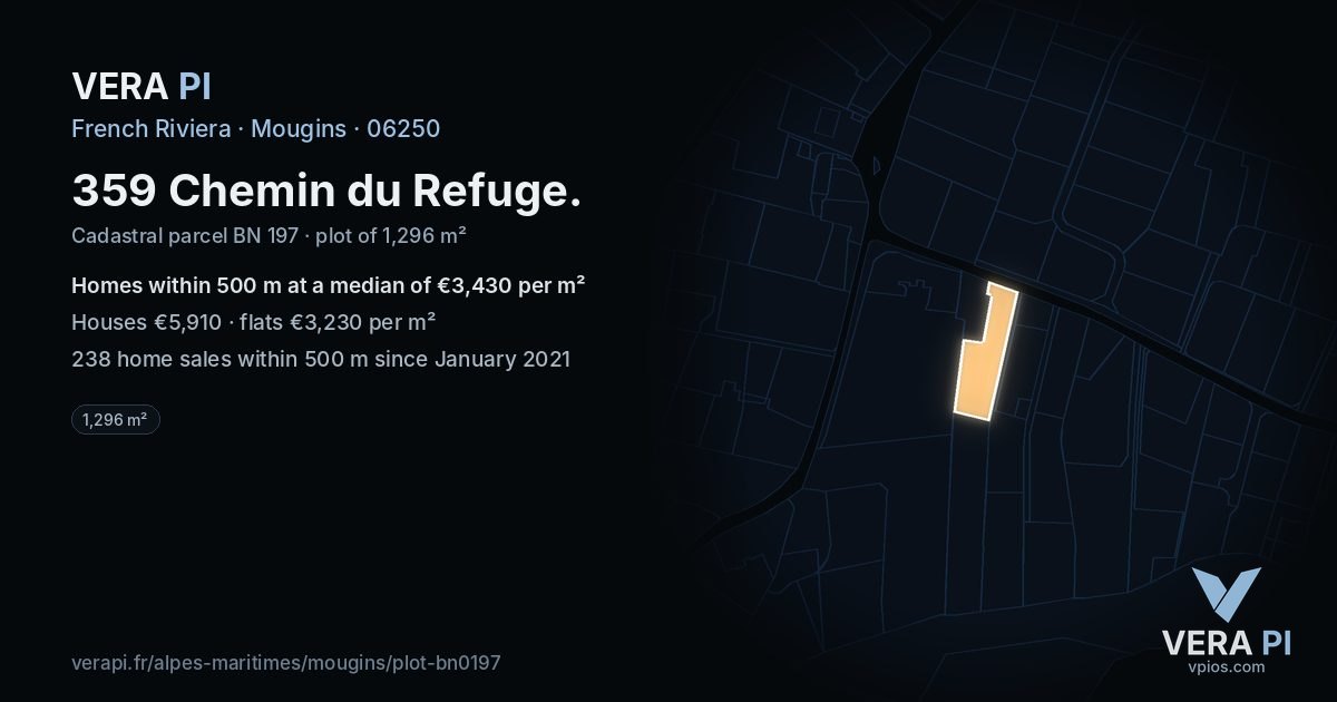 359 Chemin du Refuge, Mougins at night – the plot lit, the parcels around coloured by the prices near them