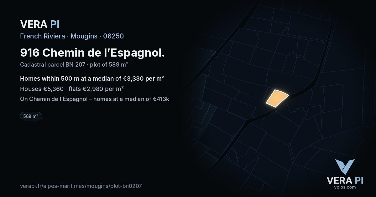 916 Chemin de l’Espagnol, Mougins at night – the plot lit, the parcels around coloured by the prices near them