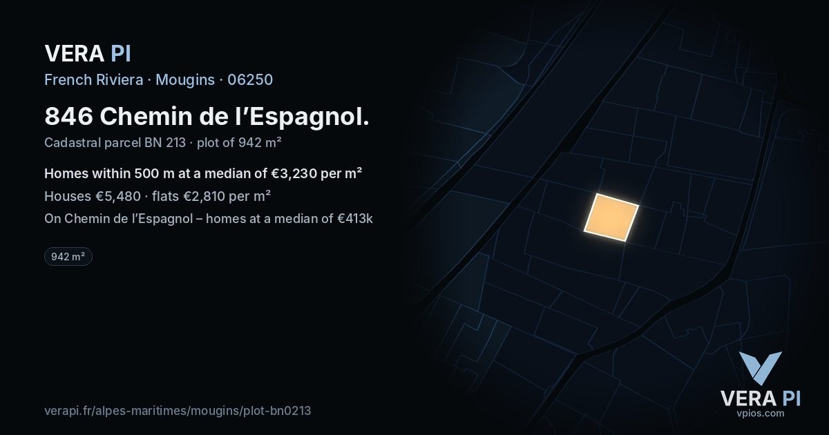 846 Chemin de l’Espagnol, Mougins at night – the plot lit, the parcels around coloured by the prices near them