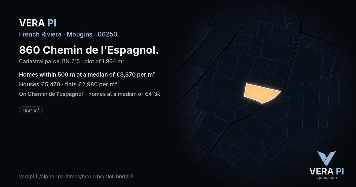 860 Chemin de l’Espagnol, Mougins at night – the plot lit, the parcels around coloured by the prices near them