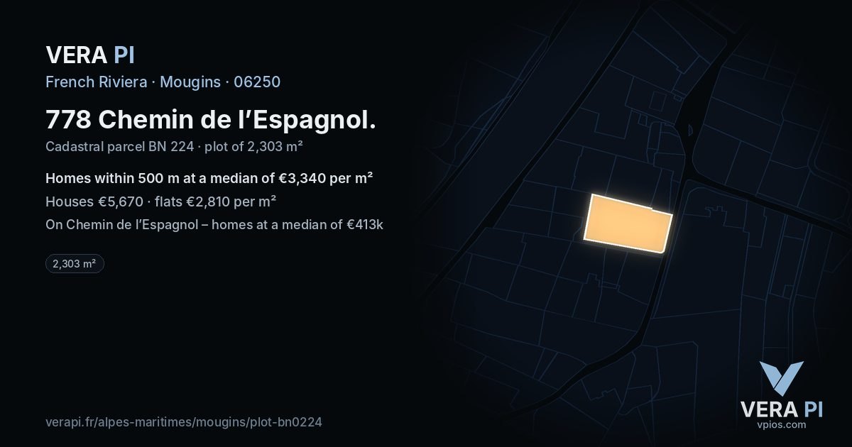 778 Chemin de l’Espagnol, Mougins at night – the plot lit, the parcels around coloured by the prices near them