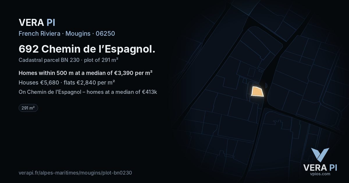 692 Chemin de l’Espagnol, Mougins at night – the plot lit, the parcels around coloured by the prices near them