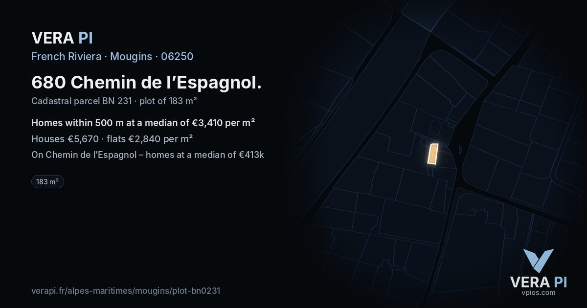 680 Chemin de l’Espagnol, Mougins at night – the plot lit, the parcels around coloured by the prices near them