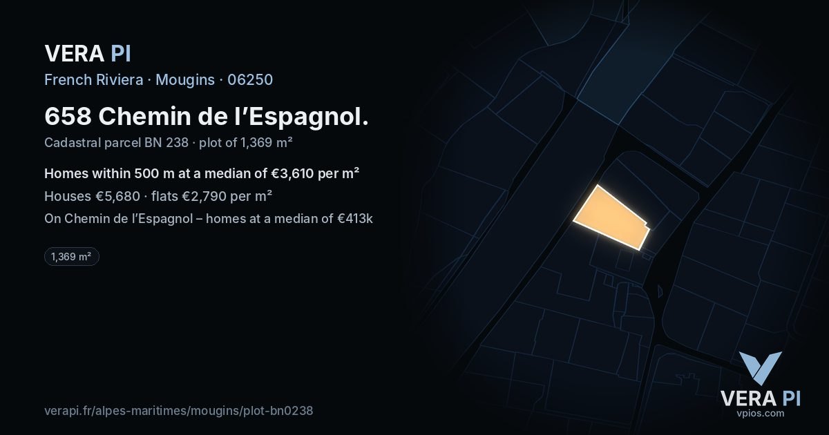 658 Chemin de l’Espagnol, Mougins at night – the plot lit, the parcels around coloured by the prices near them