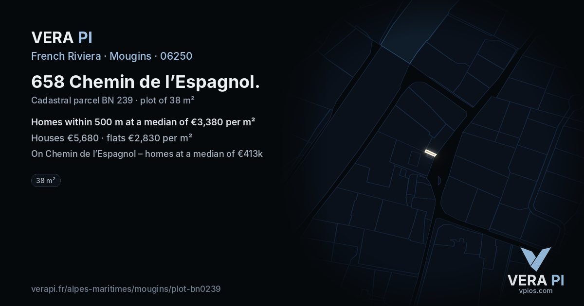 658 Chemin de l’Espagnol, Mougins at night – the plot lit, the parcels around coloured by the prices near them
