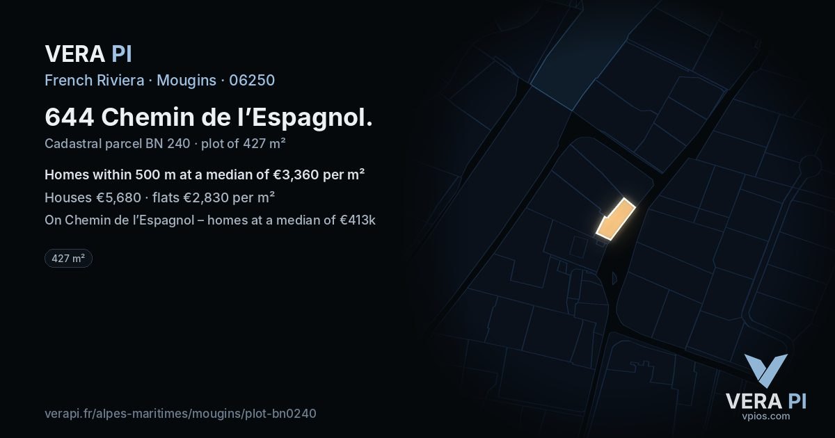 644 Chemin de l’Espagnol, Mougins at night – the plot lit, the parcels around coloured by the prices near them