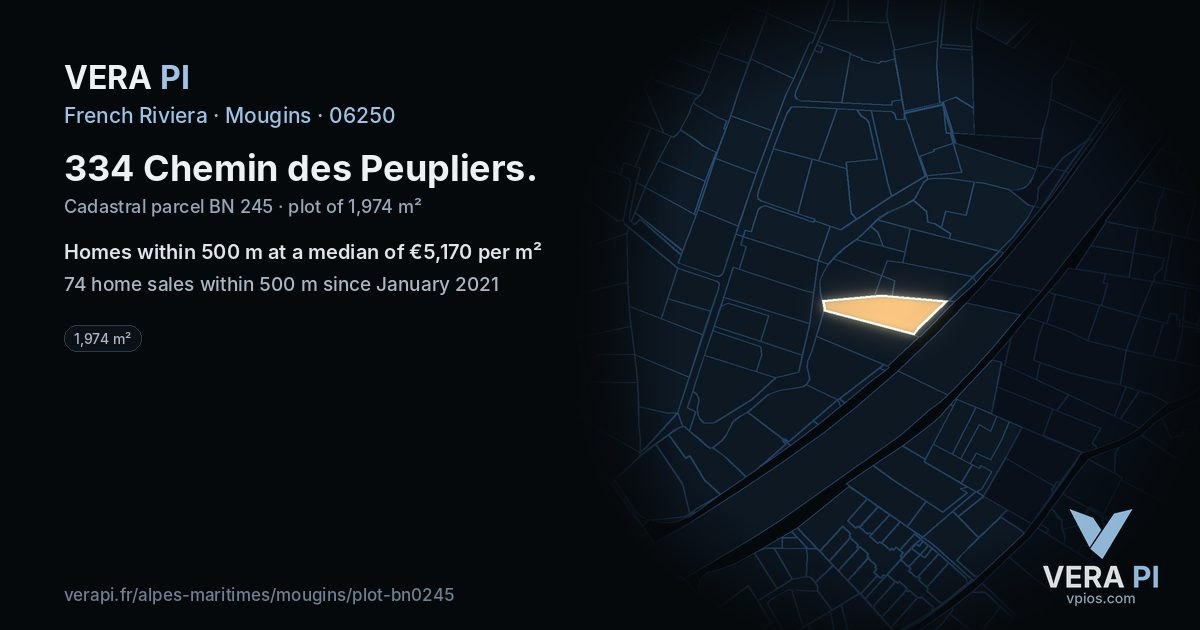 334 Chemin des Peupliers, Mougins at night – the plot lit, the parcels around coloured by the prices near them