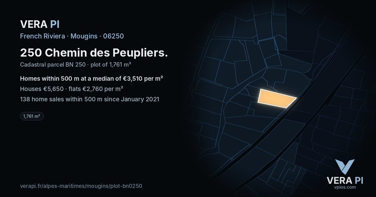 250 Chemin des Peupliers, Mougins at night – the plot lit, the parcels around coloured by the prices near them